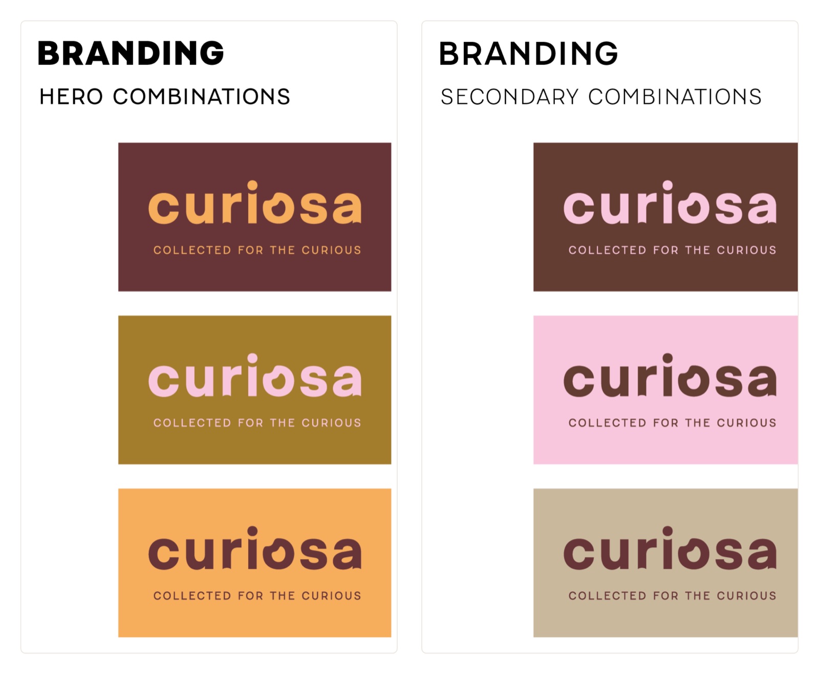 Curiosa branding boards showing the wordmark in hero and secondary color combinations