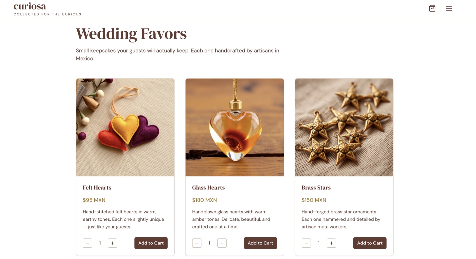 Curiosa wedding favors product page with three handcrafted products priced in MXN and add-to-cart buttons